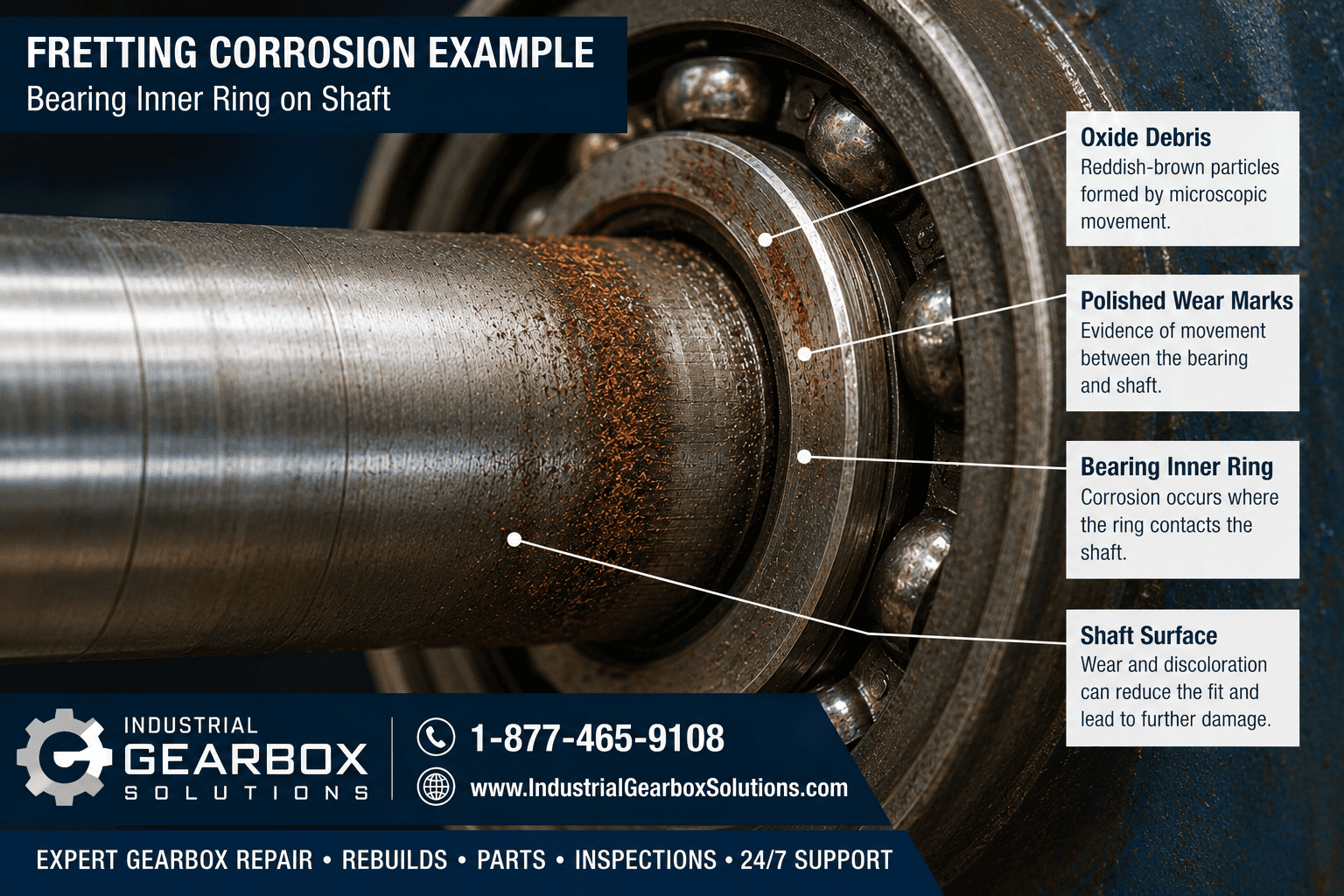 Fretting corrosion on an industrial gearbox bearing inner ring showing oxide debris, polished wear marks, and shaft surface damage.