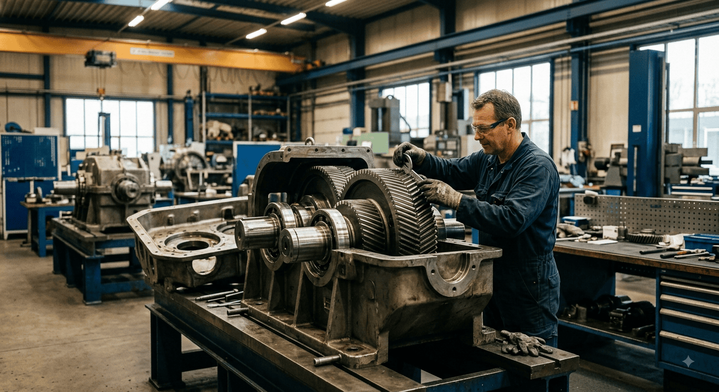 Industrial gearbox undergoing professional inspection at a gearbox repair and service facility