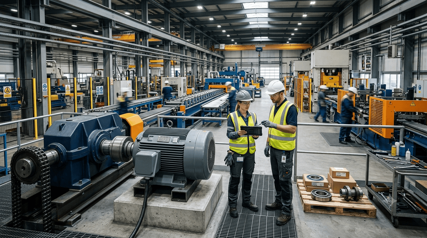 Industrial gearbox and motor drivetrain operating as maintenance professionals plan repairs and spare parts