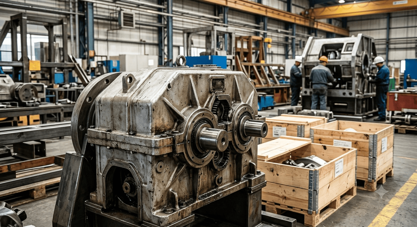 A heavy industrial gearbox sits on a workshop floor, its metallic casing showing some wear and residue, illustrating a piece of machinery possibly in a state of backlog or waiting for a gearbox.