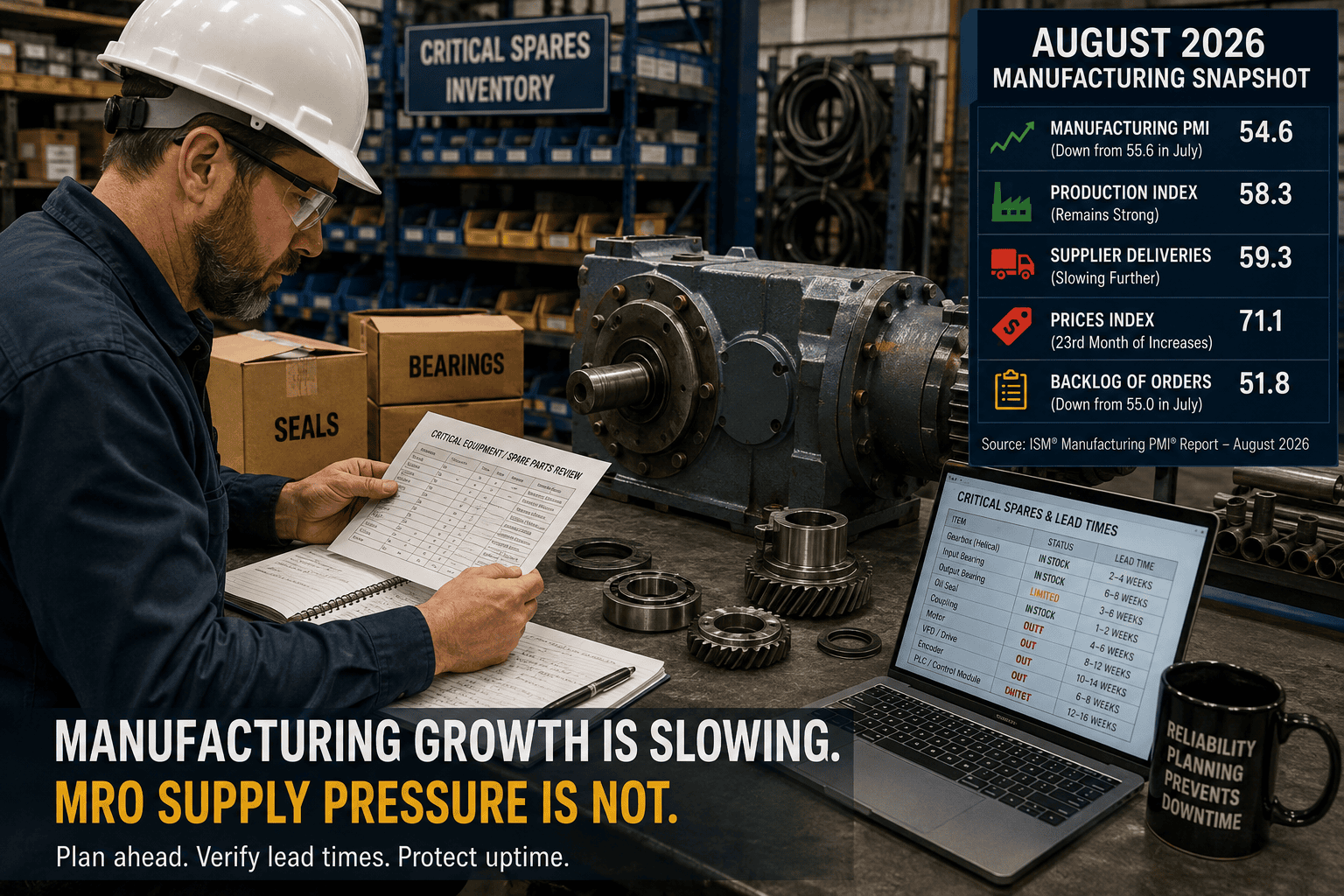 Maintenance professional reviewing gearbox spare-parts planning and lead-time data beside an industrial gearbox in a warehouse setting.