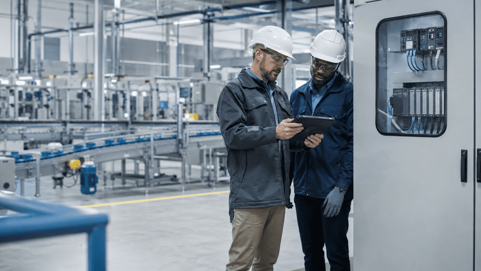 Controls engineer and maintenance professional reviewing an industrial automation security update beside a closed PLC control cabinet.