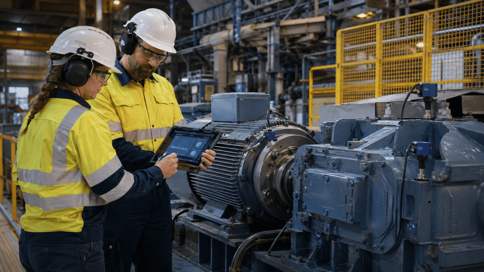Engineers studying Ai vulnerabilities in a manufacturing facility.