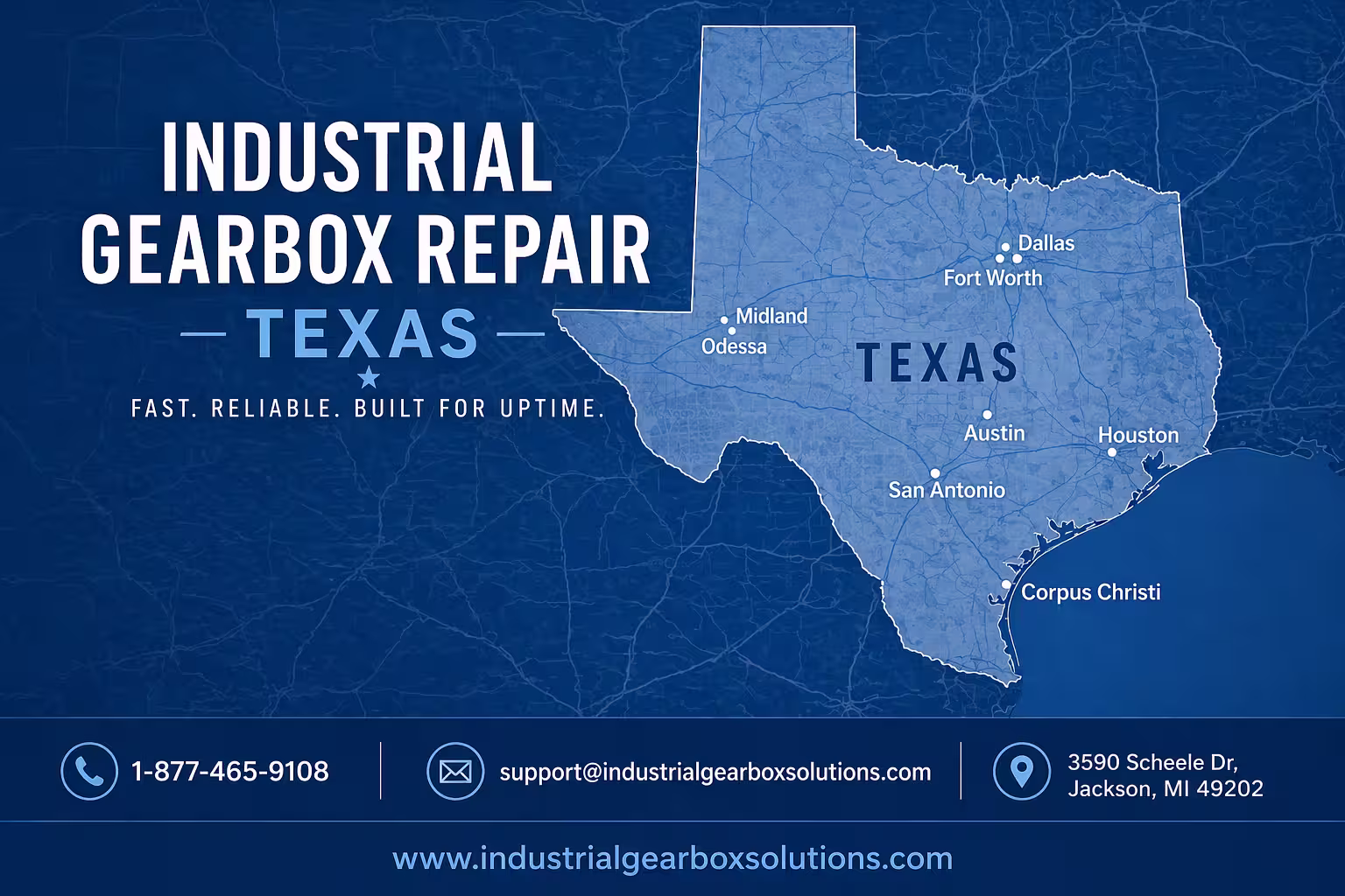 industrial gearbox repair in Texas map with highlighted cities